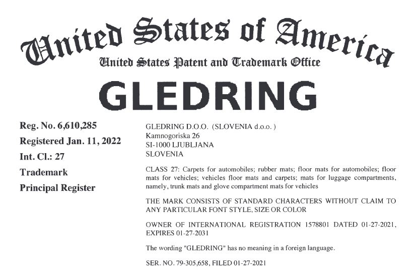 Registration of GLEDRING trademark on area of USA
