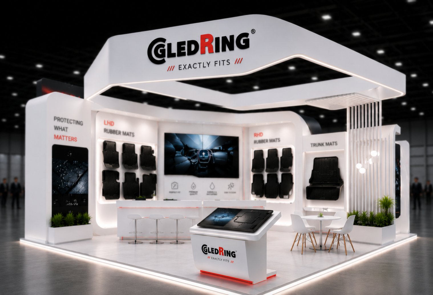 Gledring stand at Automechanika 2026 — 7m x 7m, two sides open, full product wall with LHD, RHD and trunk mats