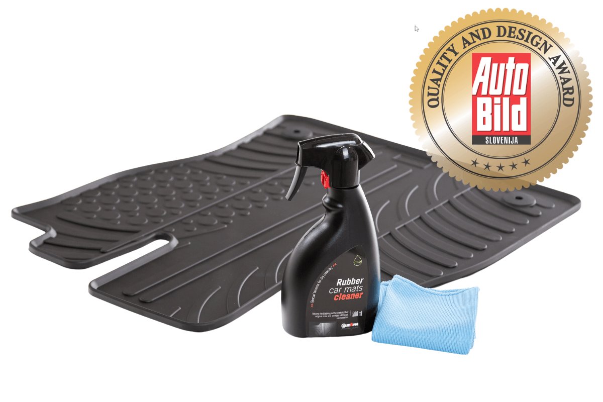 Gledring rubber car mat with AutoBild Slovenija Quality and Design Award seal, shown with Gledring rubber mat cleaner